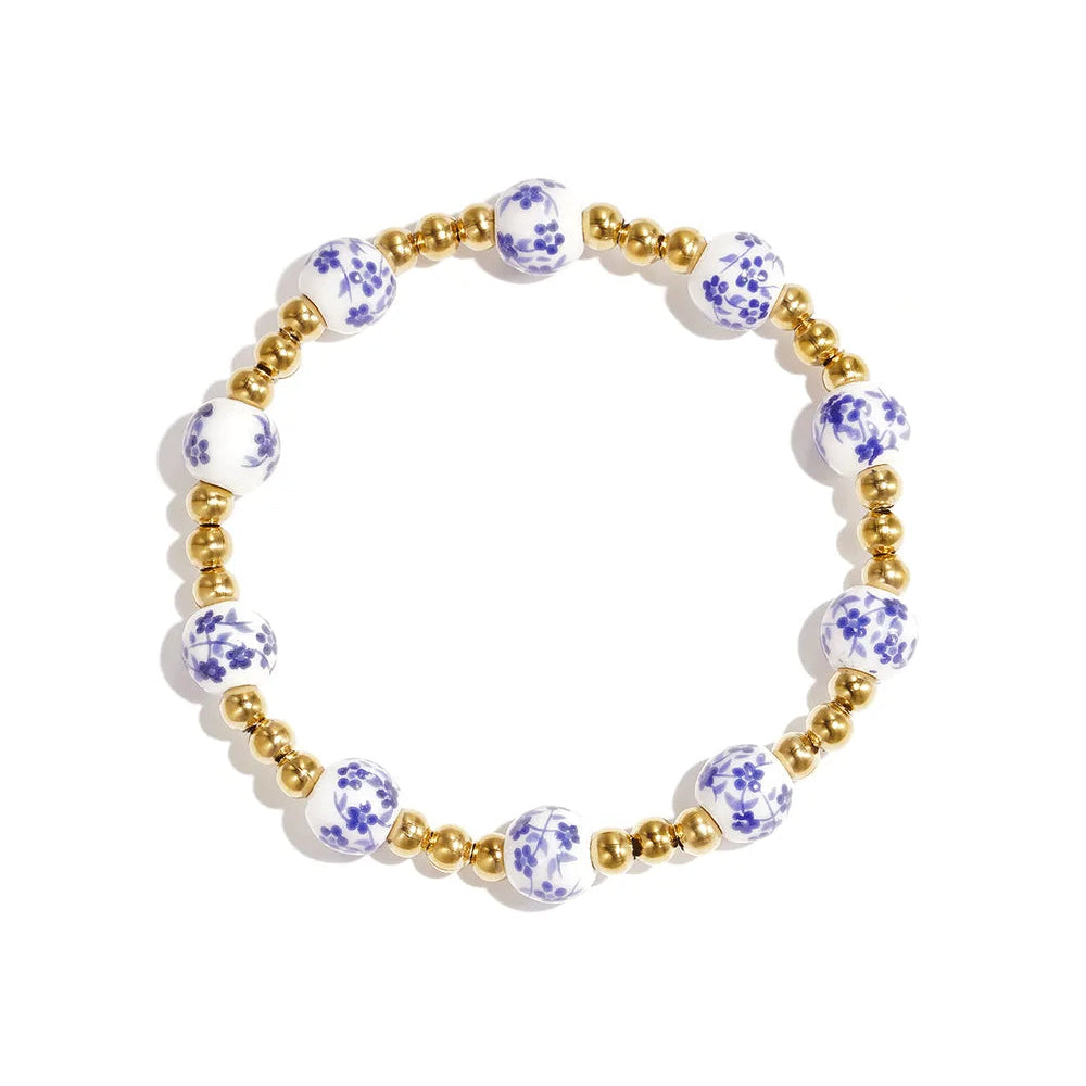 Armband Keramiek Bloem Blauw Goud
