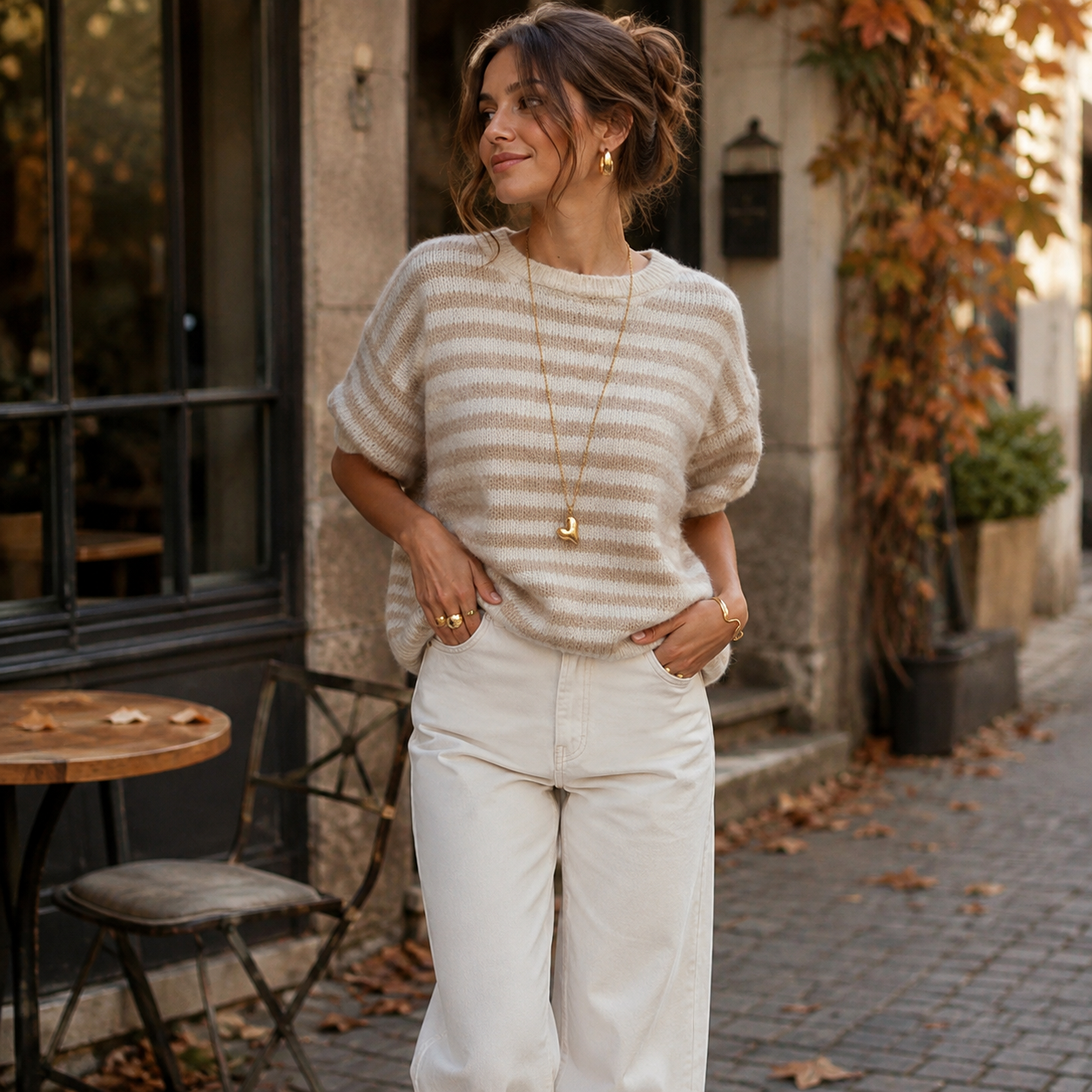 Fluffy Knit Trui Korte Mouw Beige trui