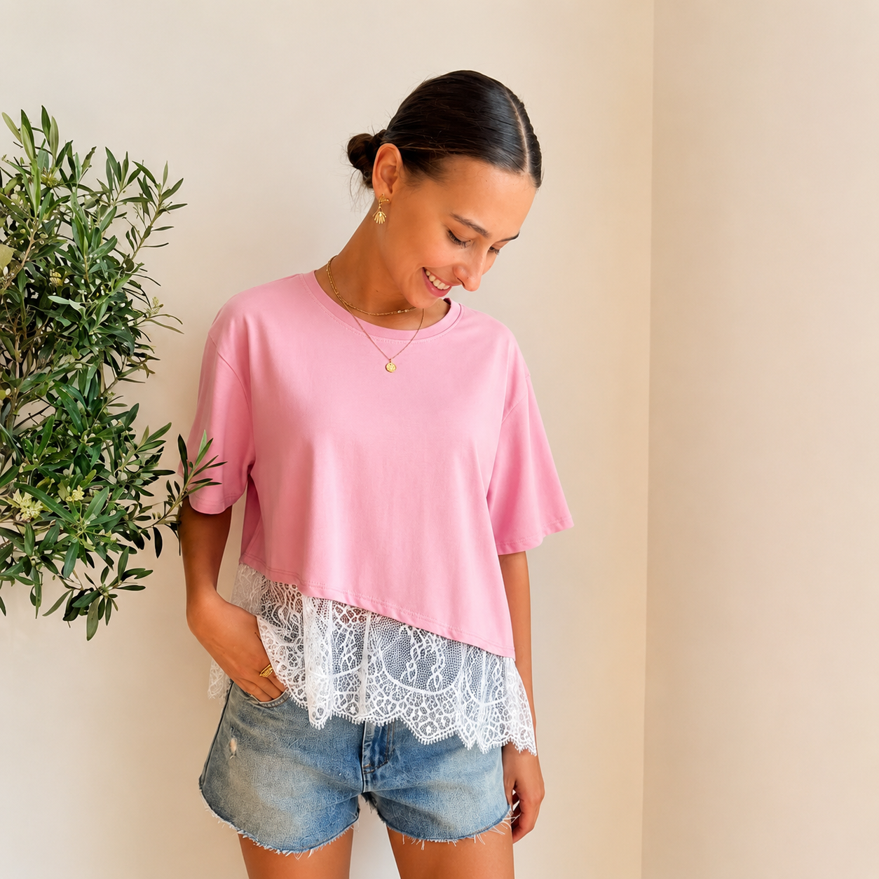 Roze T-shirt met Lace T-shirt
