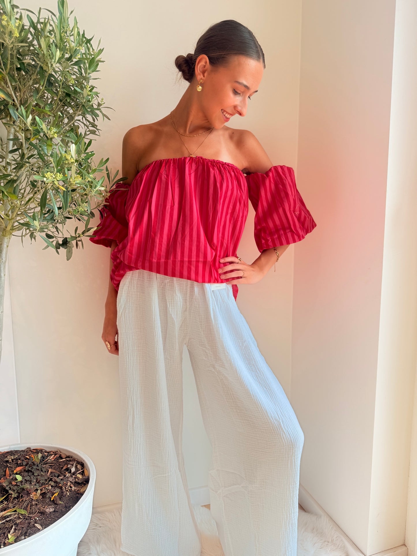 Off Shoulder Striped Top Fuchsia Top