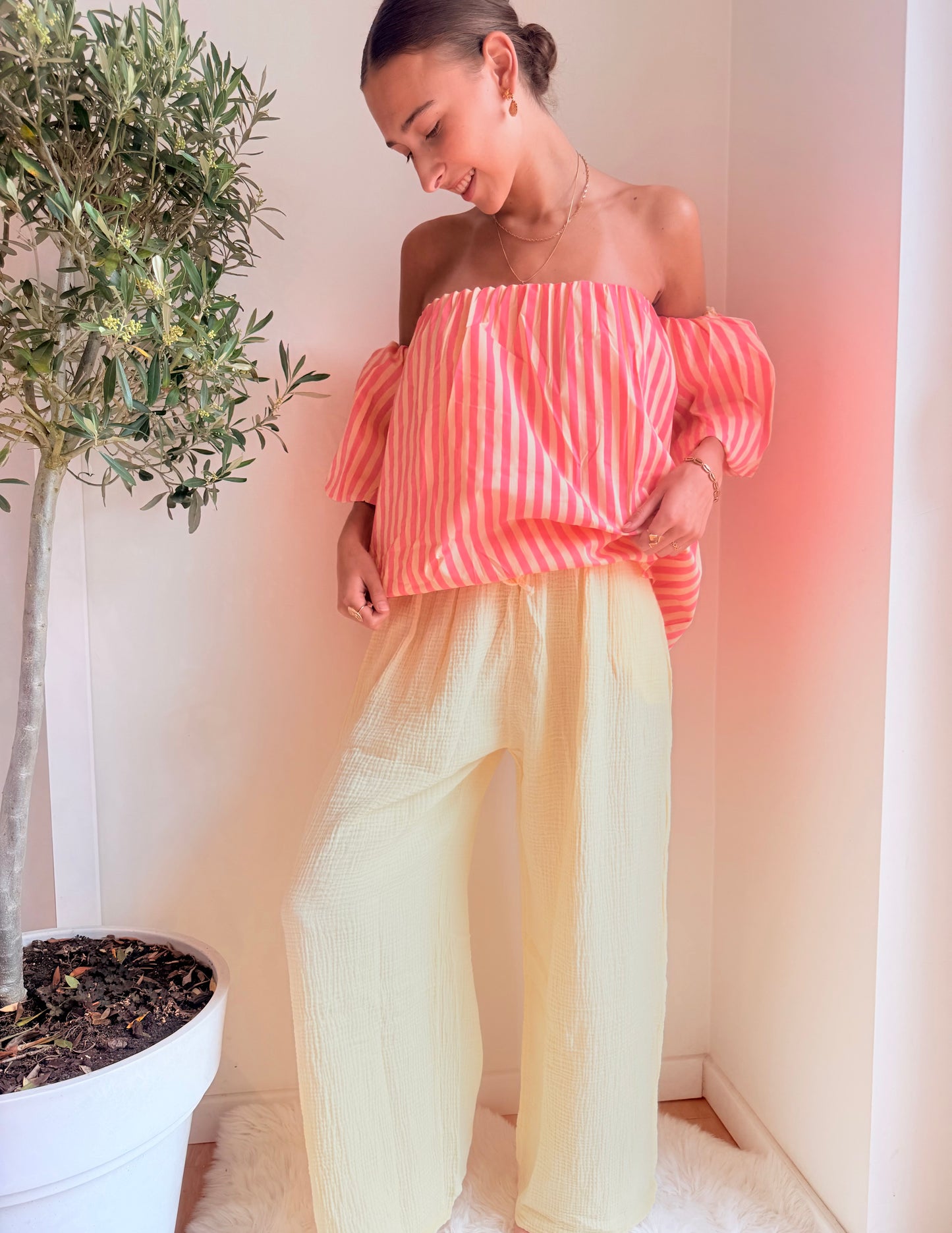 Off Shoulder Striped Top Geel/Peach Top