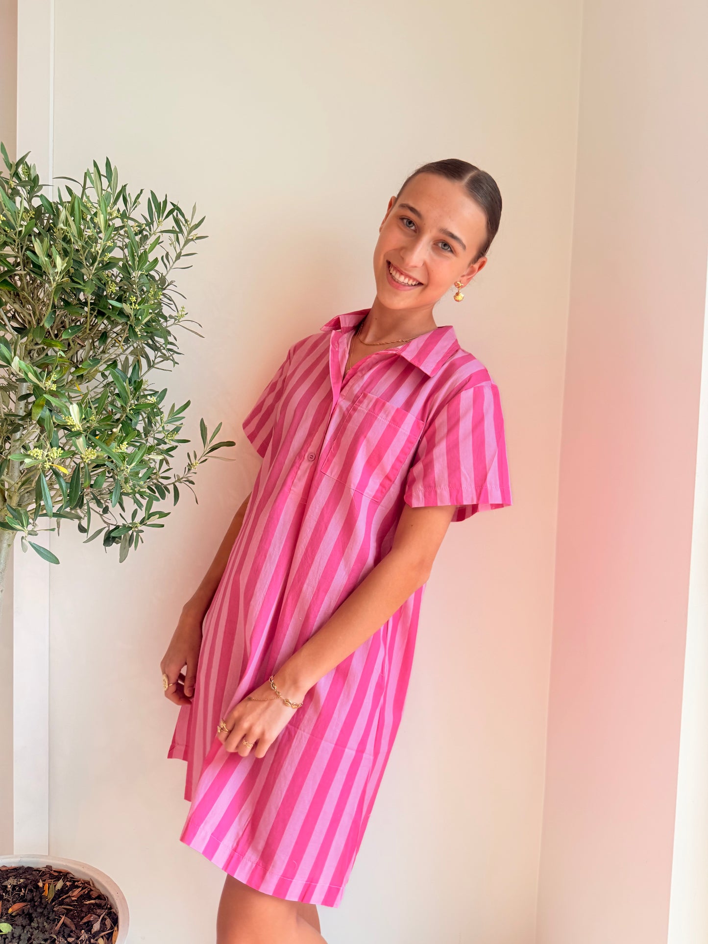 Striped Shirt Dress – Roze Jurk