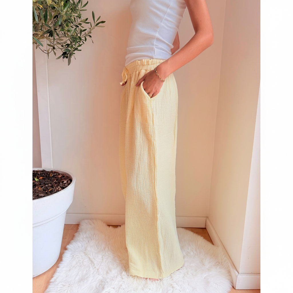 Gele Oversized Wide Leg Broek Cotton Gauze