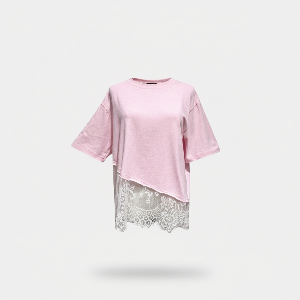 T-shirt Roze Asymmetrisch met Lace