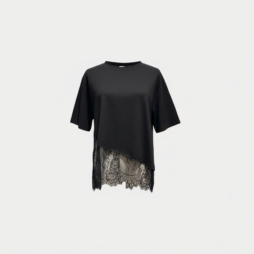 T-shirt Zwart Asymmetrisch met Lace Top