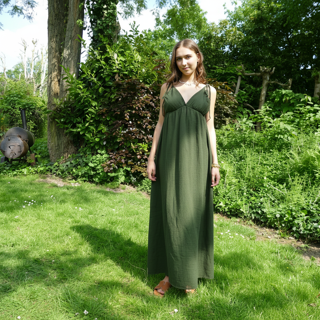 Maxi Jurk Cotton Gauze - Kaki Jurken