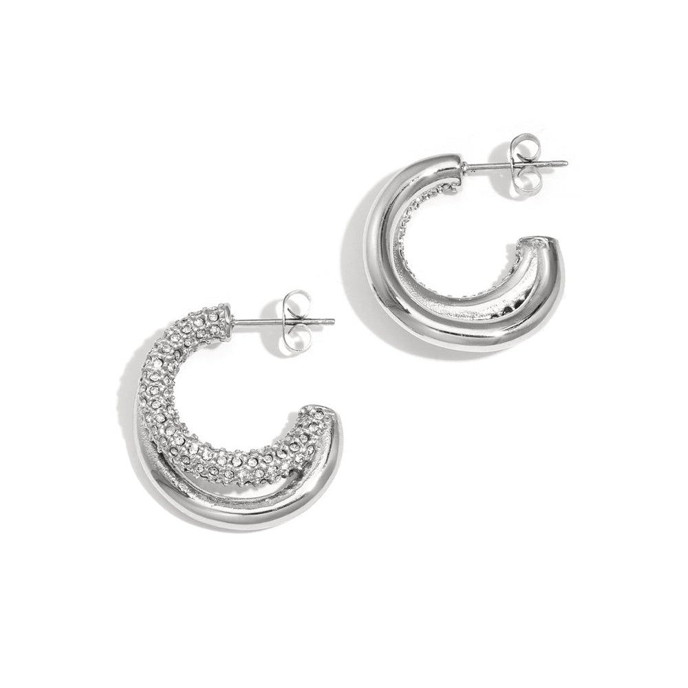 Oorbellen dubbele hoop strass - Zilver