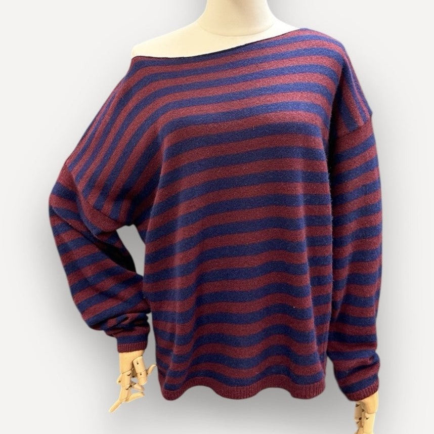 Cashmere boat neck one shoulder striped sweater - Bordeaux/Navy Kleding