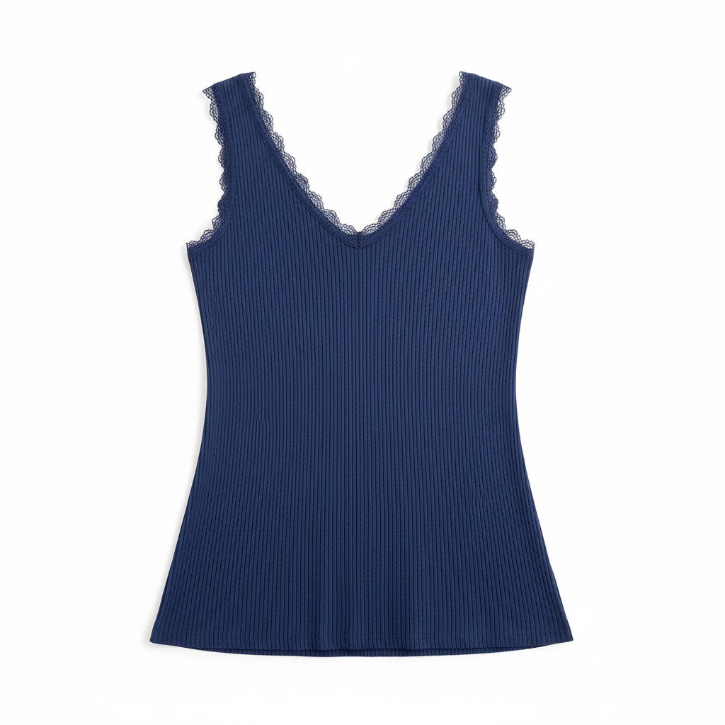 Rib Top Met Lace - Navy Top