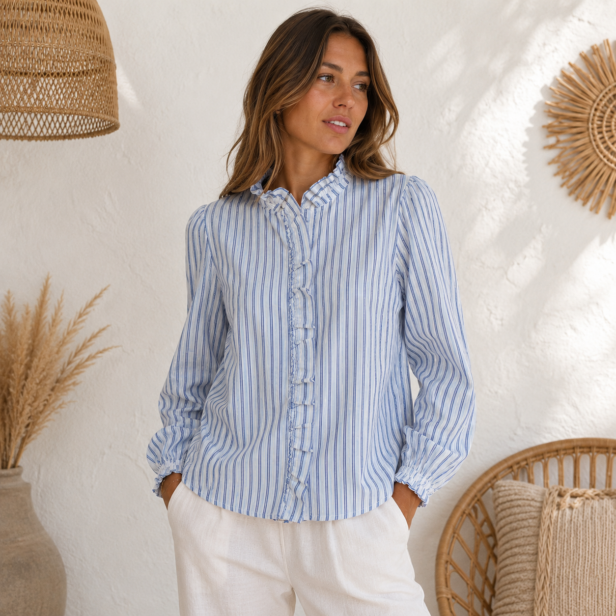 Blouse Ruffled Gestreept - Blauw Blouse