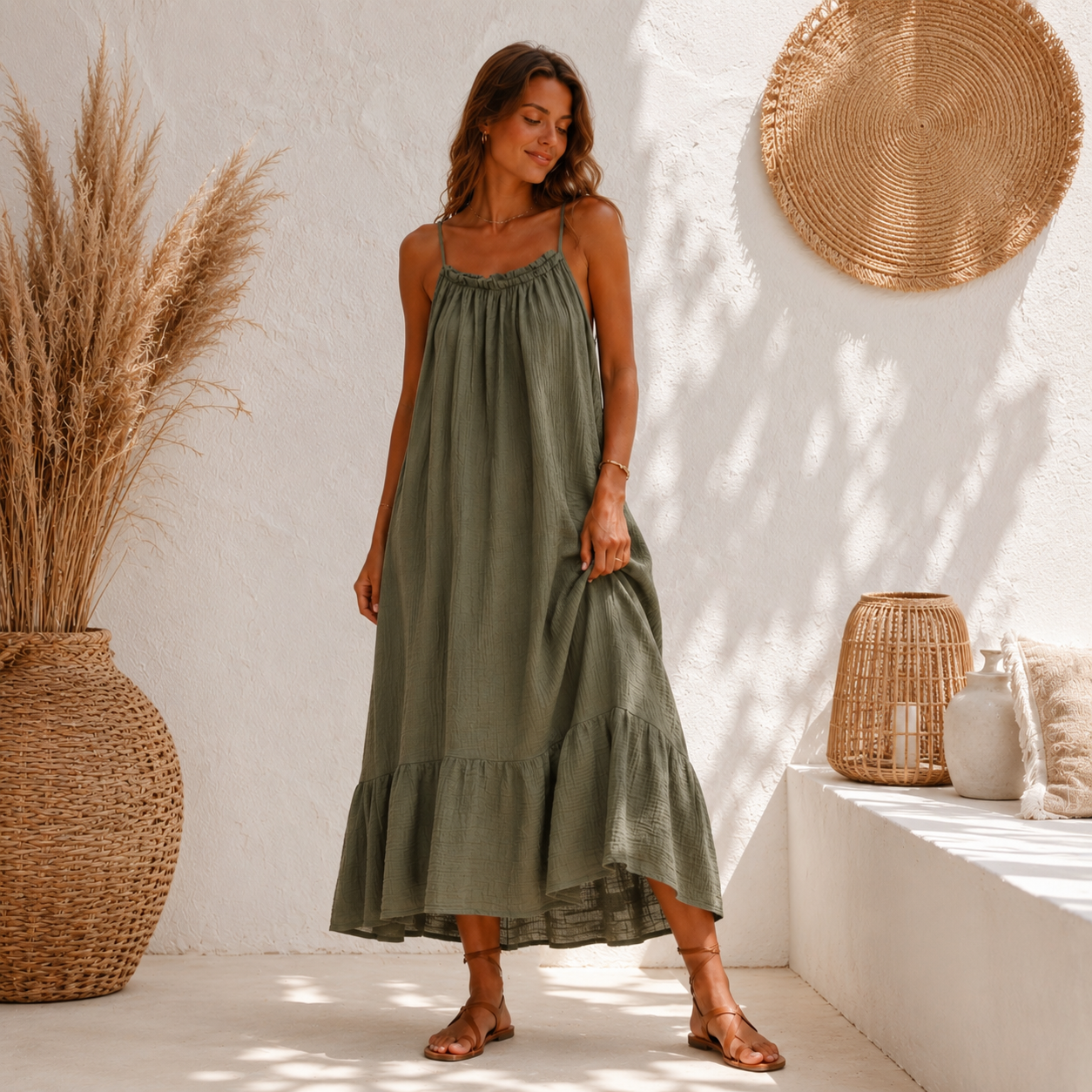 Maxi Jurk Cotton Gauze - Kaki Jurken