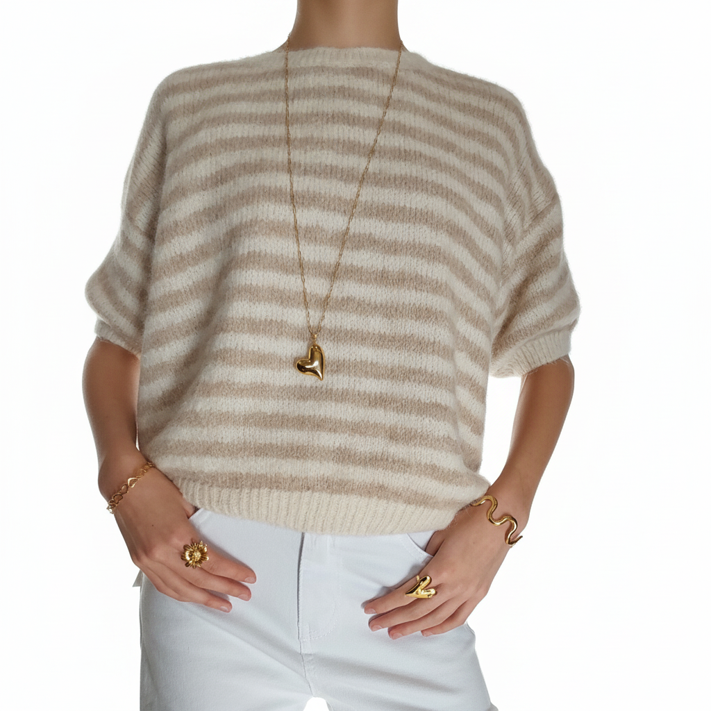 Beige Gestreepte Trui Korte Mouw trui