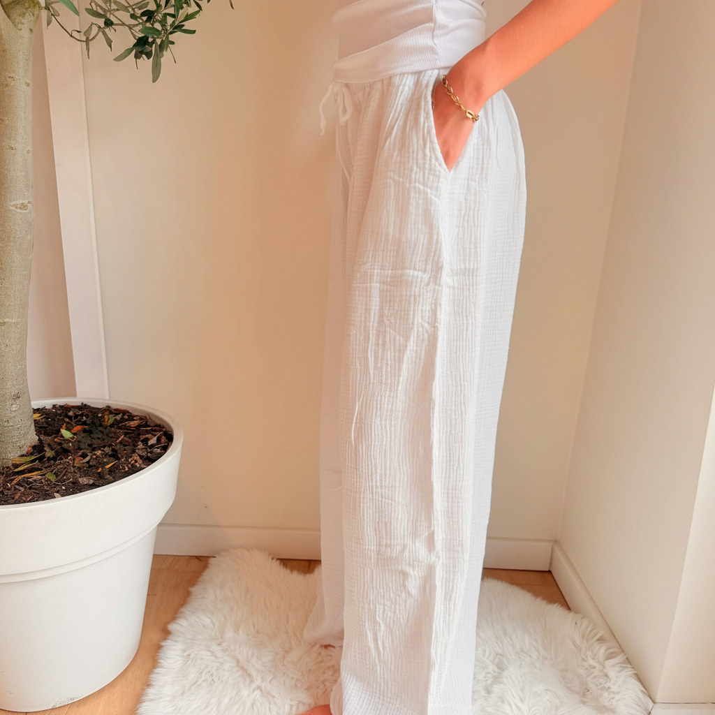 Witte Oversized Wide Leg Broek Cotton Gauze