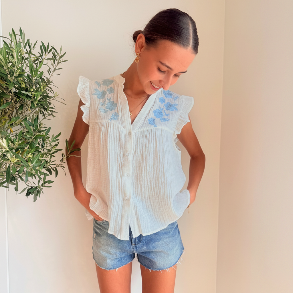 Witte Cotton Gauze Embroidered Blouse