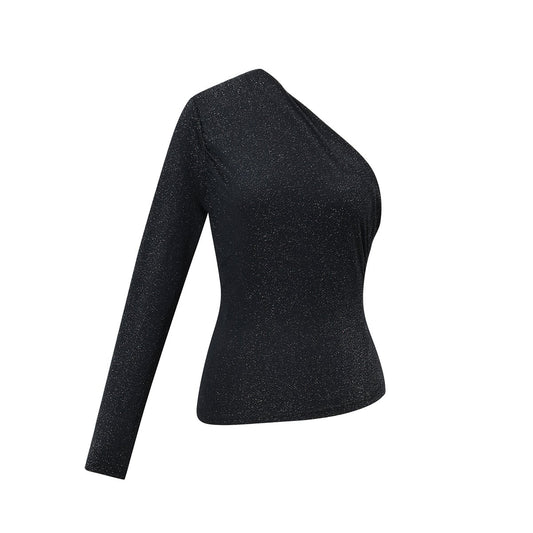 One Shoulder Glitter Top - Zwart Top