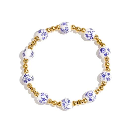 Armband Keramiek Bloem Blauw Goud