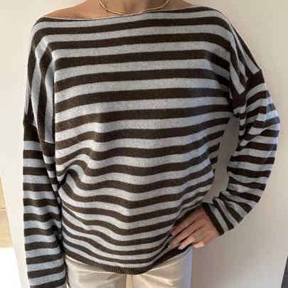 Cashmere boat neck one shoulder striped sweater - Chocolat/Blue Kleding