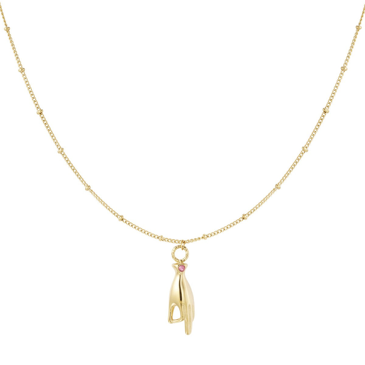 Ketting hand met roze steentje - Goud ketting