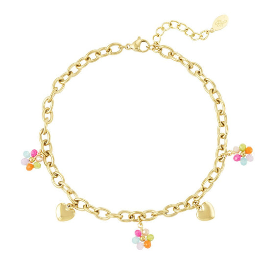 Enkelbandje met hartjes en bloemetjes - Goud enkelbandje