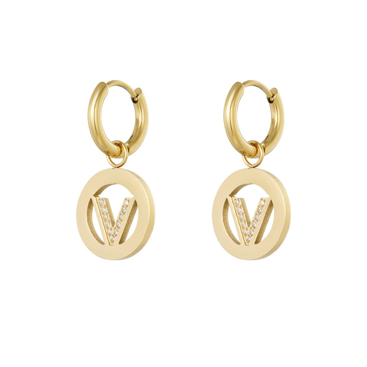 Oorbellen V-Circle Strass - Goud oorbellen
