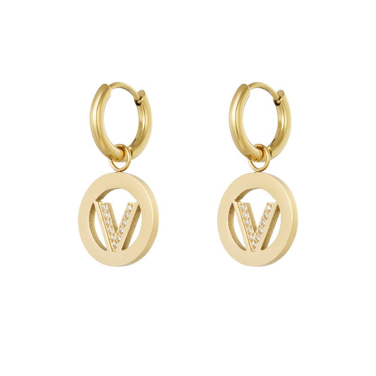 Oorbellen V-Circle Strass - Goud oorbellen