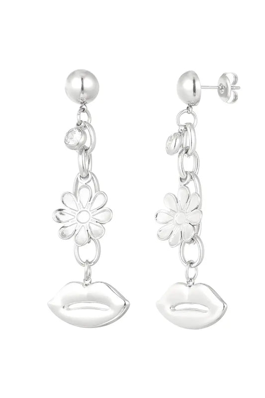 Oorbellen Flower & Lips Strass - Zilver Oorbellen