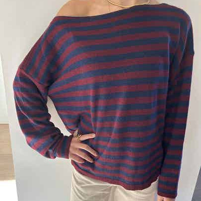 Cashmere boat neck one shoulder striped sweater - Bordeaux/Navy Kleding