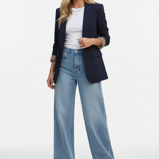 Blazer met Luipaardprint Details - Blauw Blazer