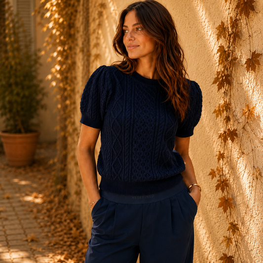 Kabeltrui Crop Korte Mouw - Navy Sweaters