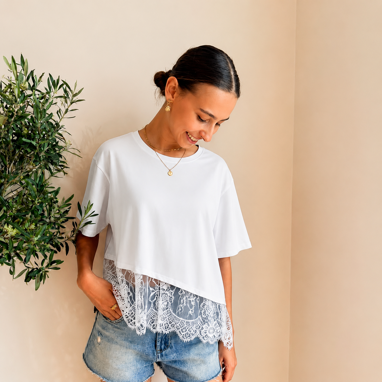 Wit T-shirt met Lace Top