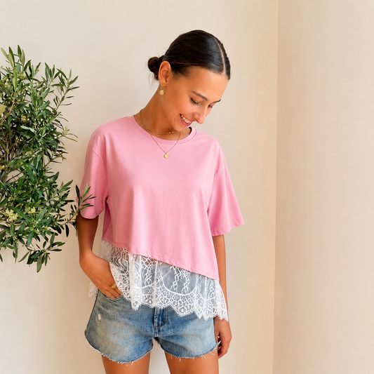 Roze T-shirt met Lace T-shirt