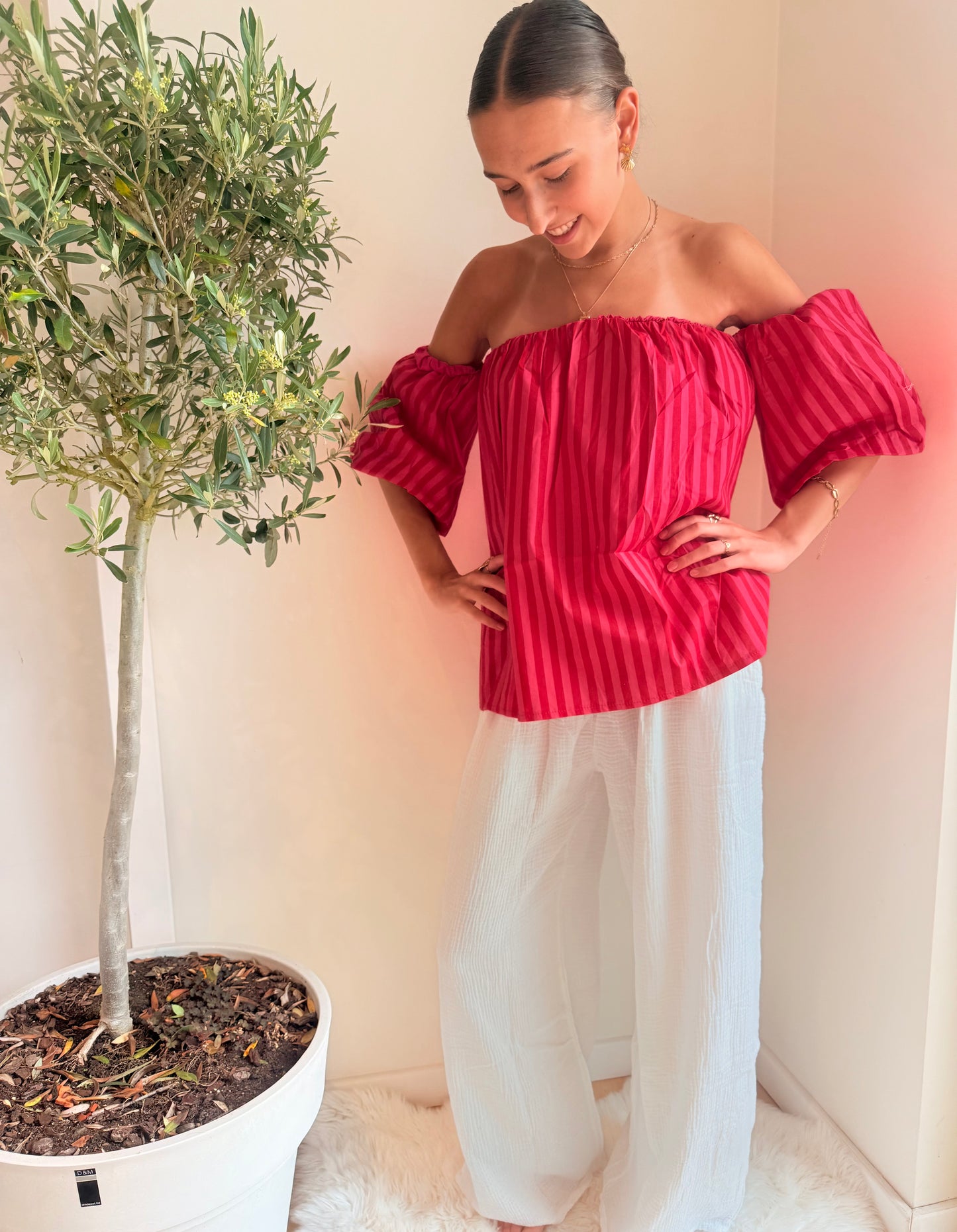 Off Shoulder Striped Top Fuchsia Top