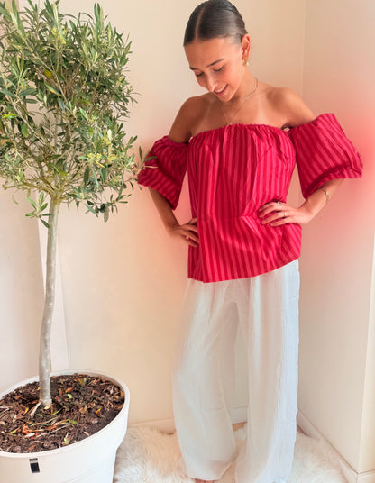 Off Shoulder Striped Top Fuchsia Top