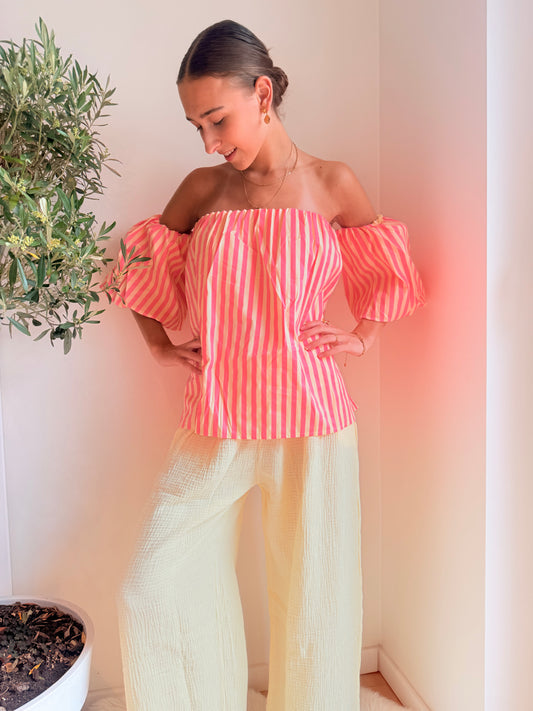Off Shoulder Striped Top Geel/Peach Top