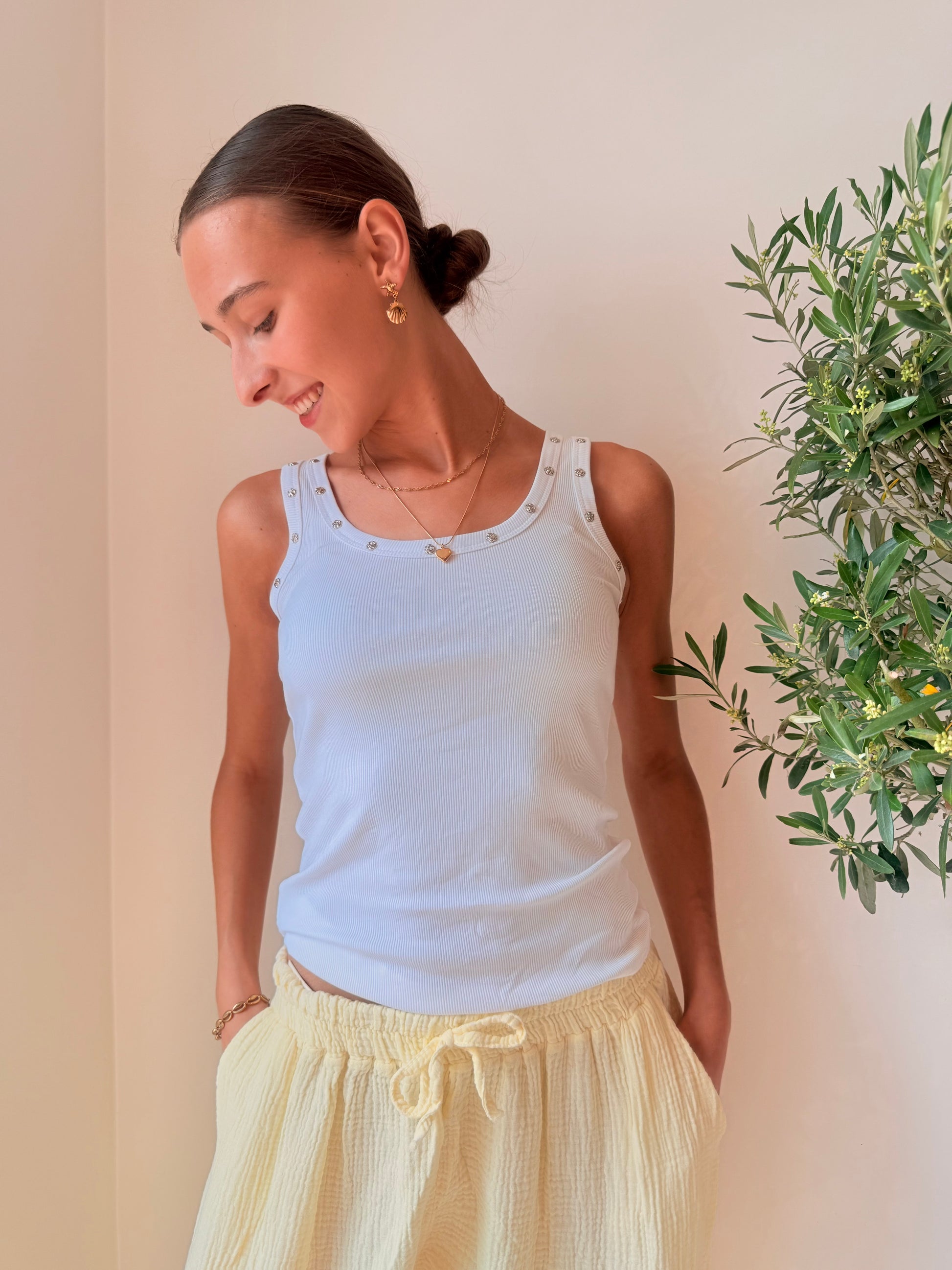 Geribbelde Tank Top Wit met Studs Top
