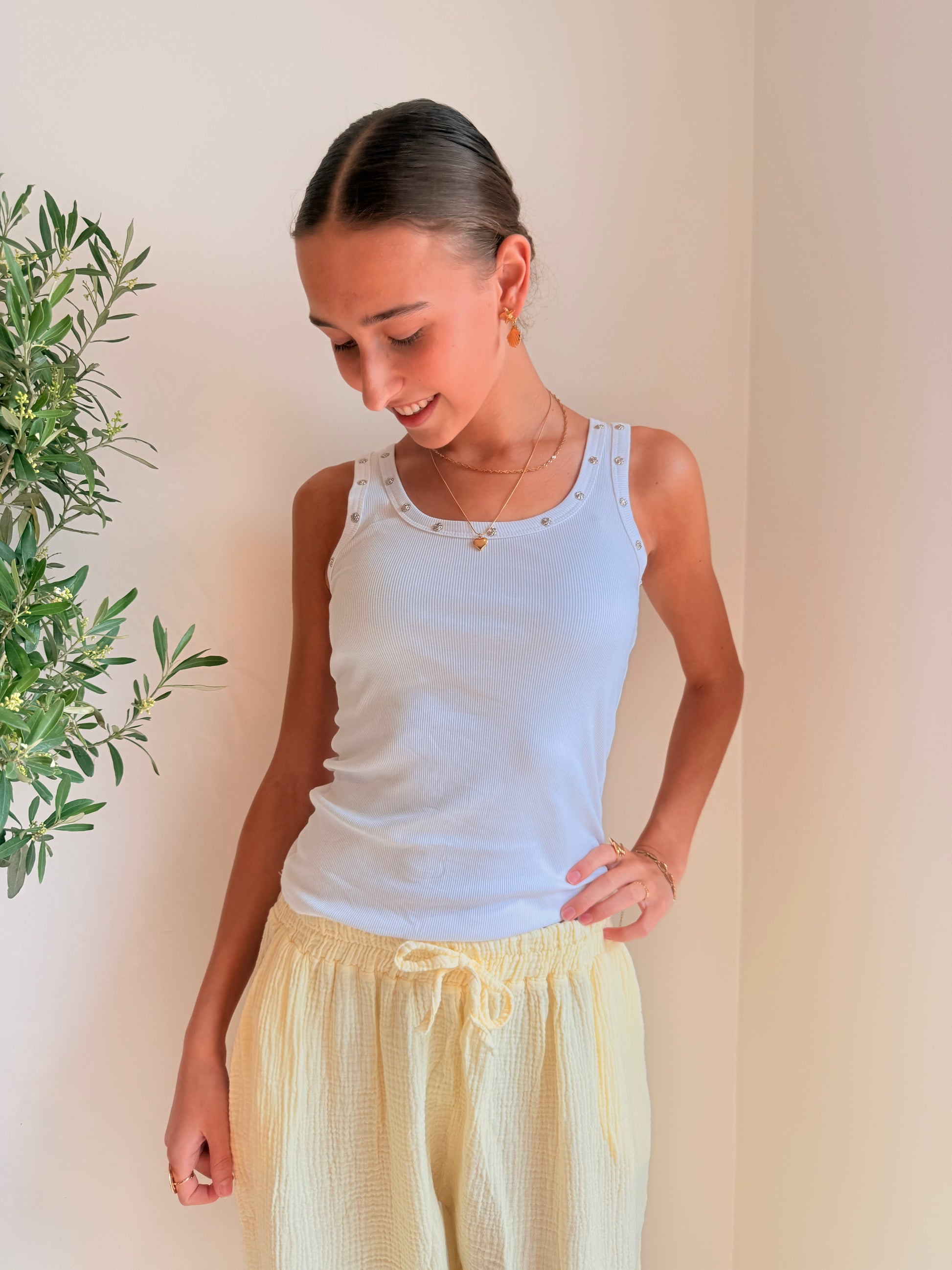 Geribbelde Tank Top Wit met Studs Top