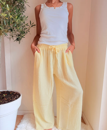 Oversized Wide Leg Broek Cotton Gauze Geel Broek