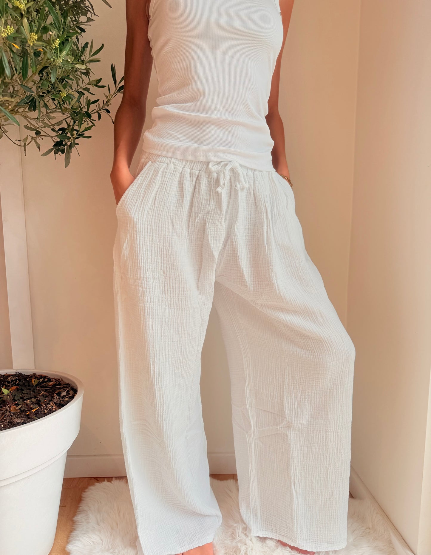 Oversized Wide Leg Broek Cotton Gauze Wit Broek