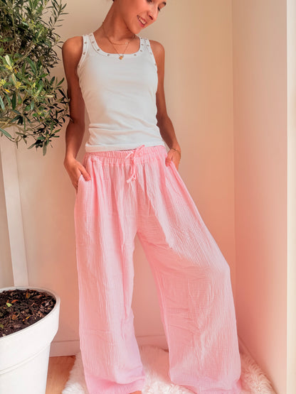 Oversized Wide Leg Broek Cotton Gauze Lichtroze Broek