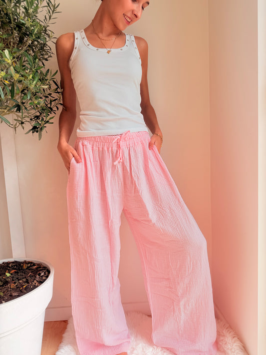 Oversized Wide Leg Broek Cotton Gauze Lichtroze Broek