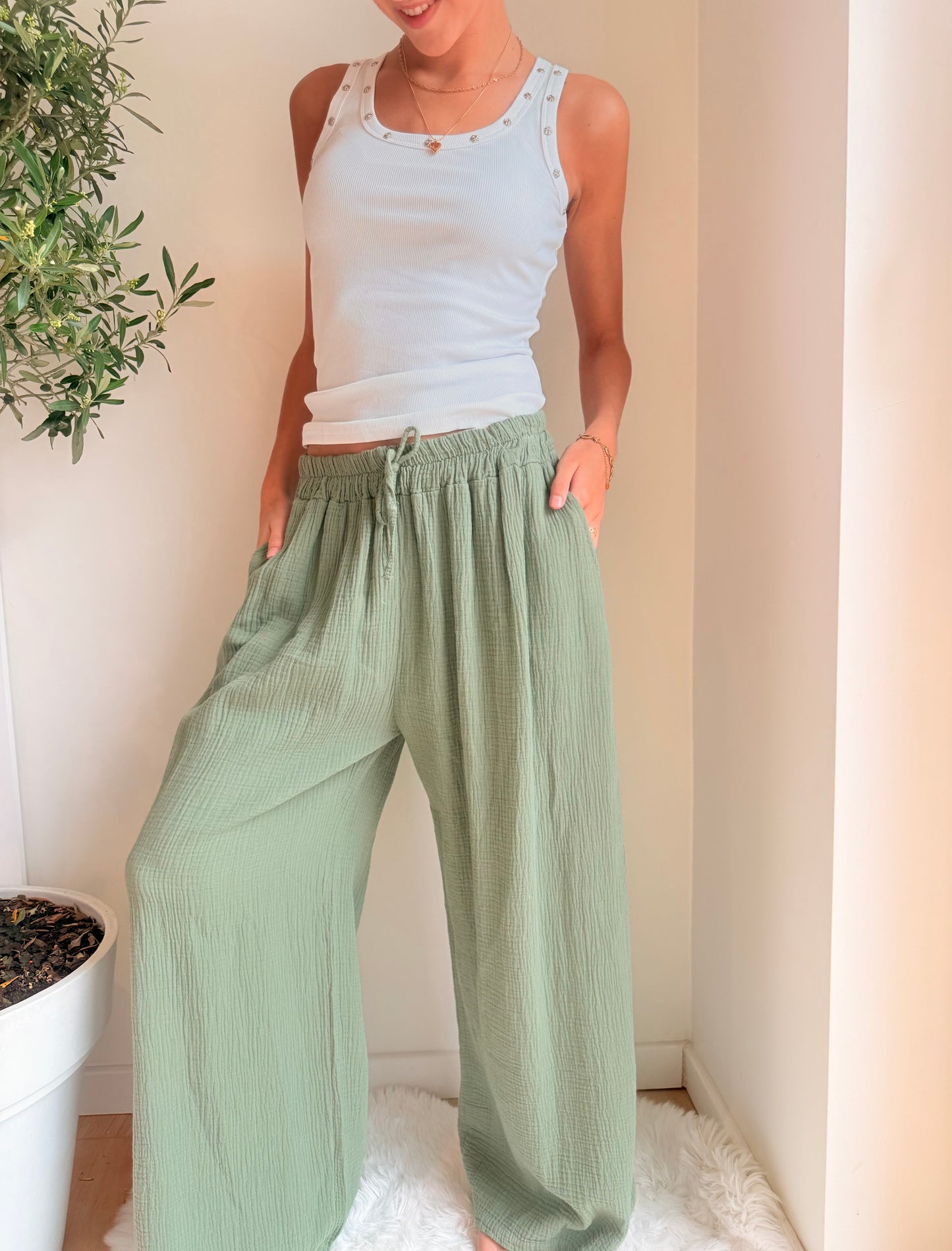 Oversized Wide Leg Broek Cotton Gauze Kaki Broek