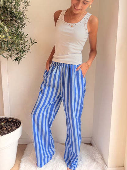 Flowy Striped Wide-Leg Pants – Blauw/Wit Broek