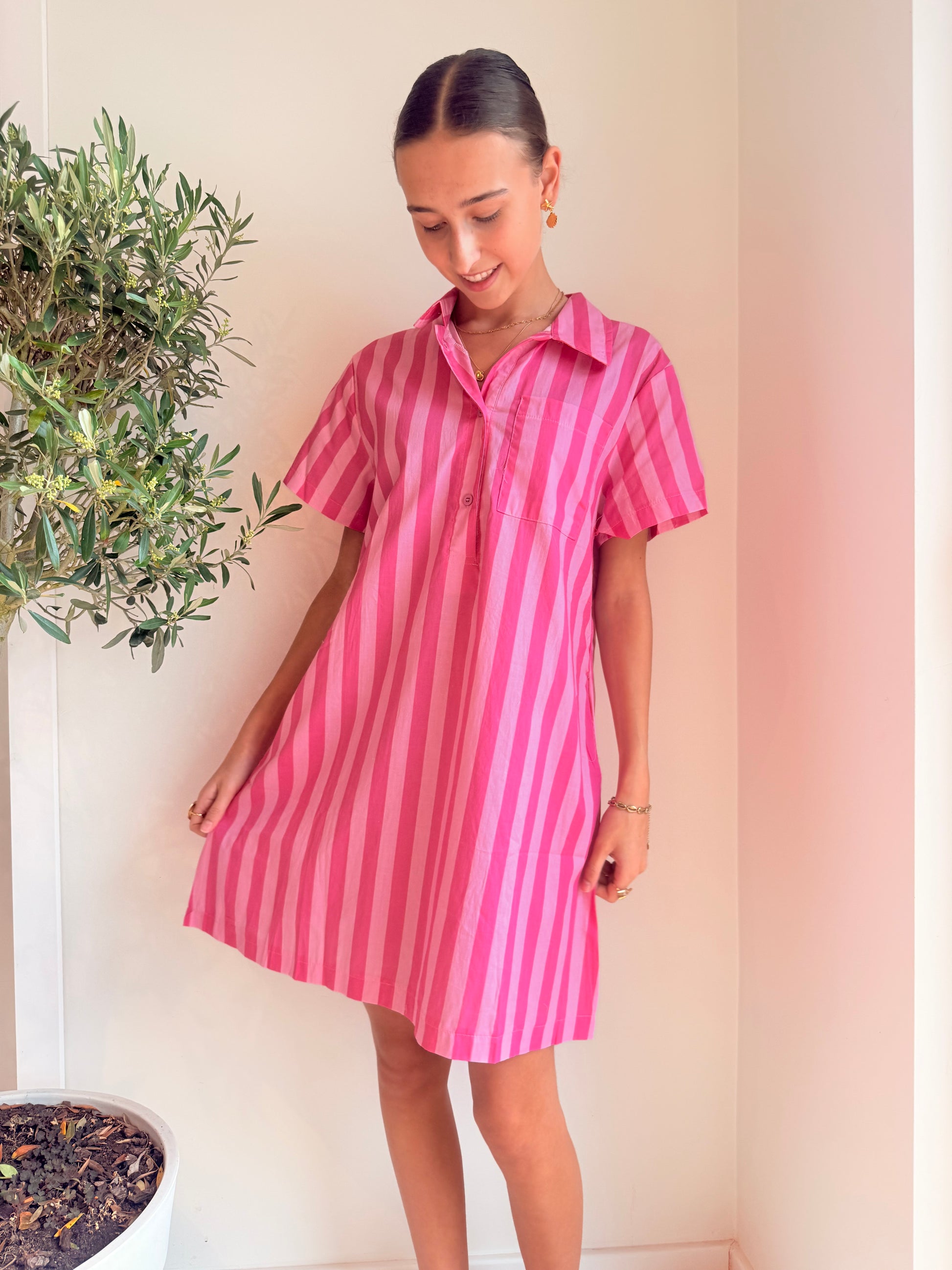 Striped Shirt Dress – Roze Jurk
