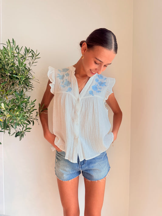 Witte Cotton Gauze Embroidered Blouse Blouse