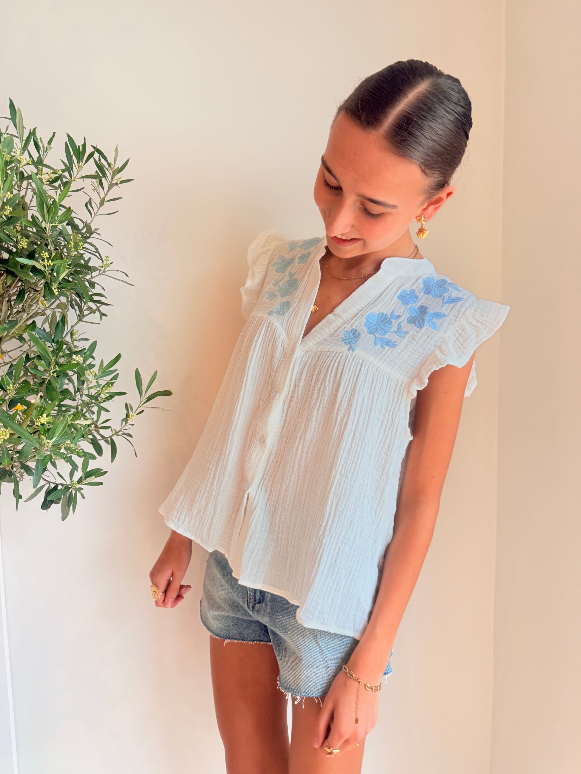 Witte Cotton Gauze Embroidered Blouse Blouse