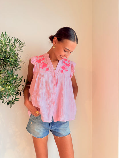 Roze Cotton Gauze Embroidered Blouse Blouse