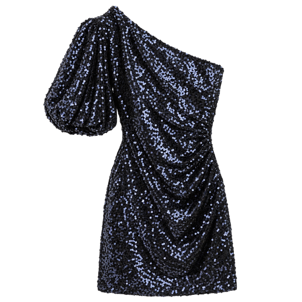 One-Shoulder Paillettenjurk met Pofmouw – Nachtblauw L Jurk
