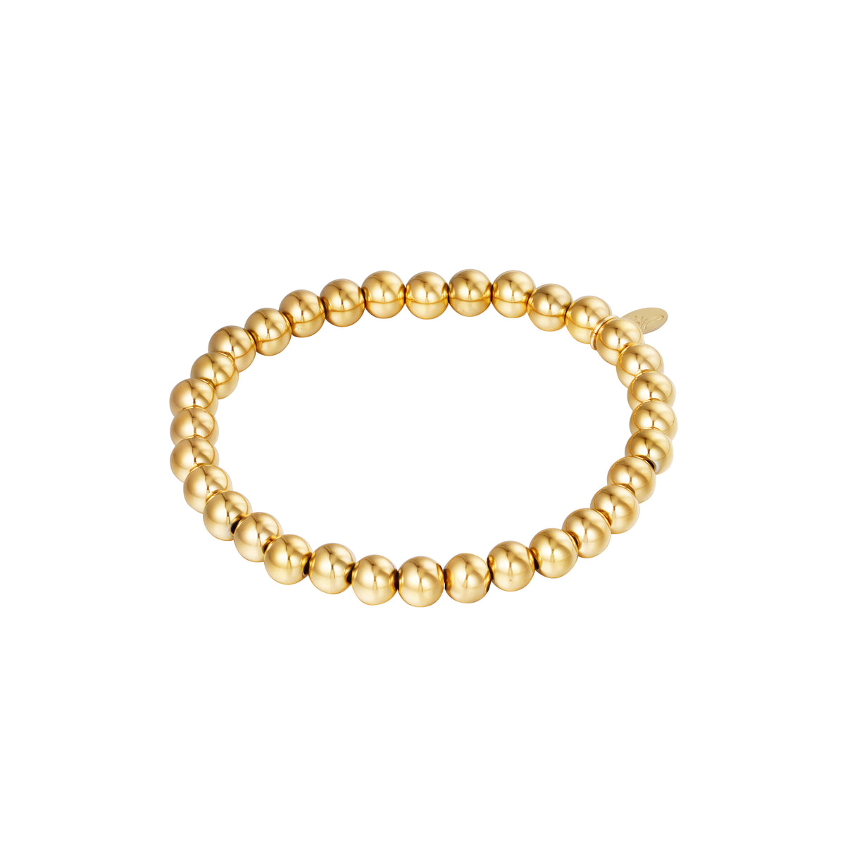 Goudkleurige elastische stainless steel armband met ronde kralen van 6 mm.