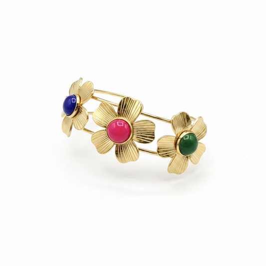 Bracelet jonc fleur - multicolore - Doré