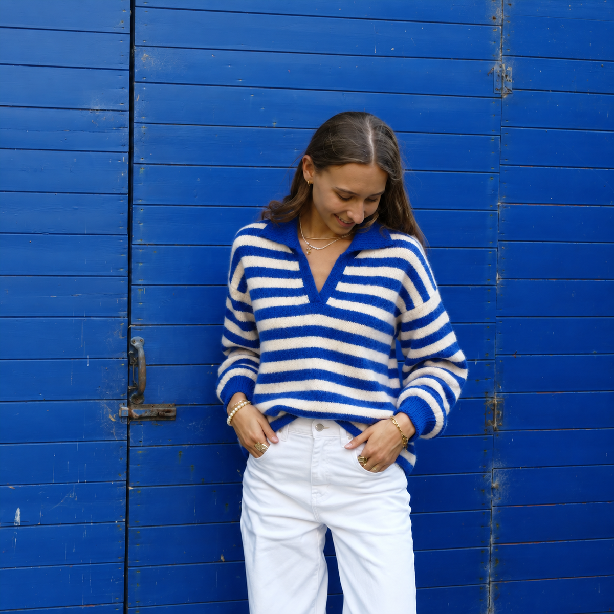 Blauw-Ecru Gestreepte Trui Met Kraag trui